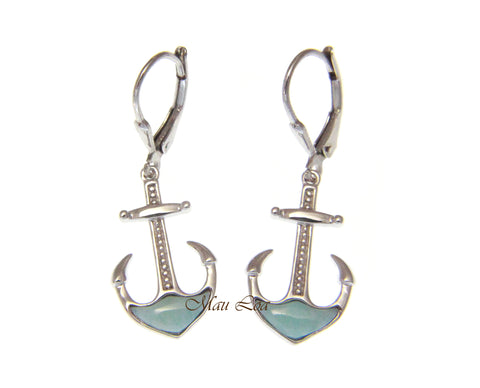 925 Sterling Silver Natural Larimar Hawaiian Anchor Leverback Dangle Earrings