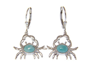 925 Sterling Silver Hawaiian Crab Natural Blue Larimar Leverback Earrings