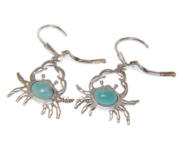 925 Sterling Silver Hawaiian Crab Natural Blue Larimar Leverback Earrings