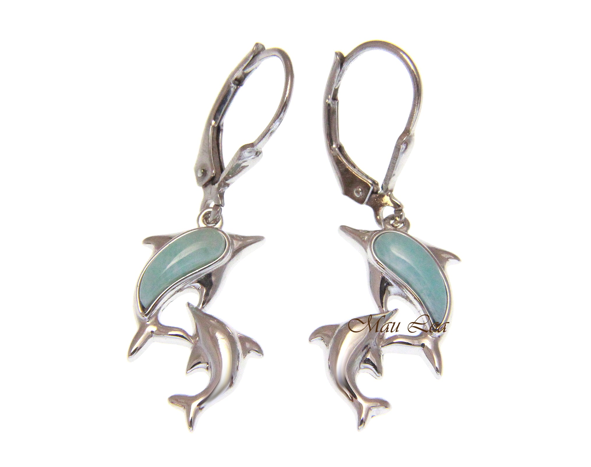 925 Sterling Silver Natural Larimar Hawaiian Double Dolphin Leverback Earrings