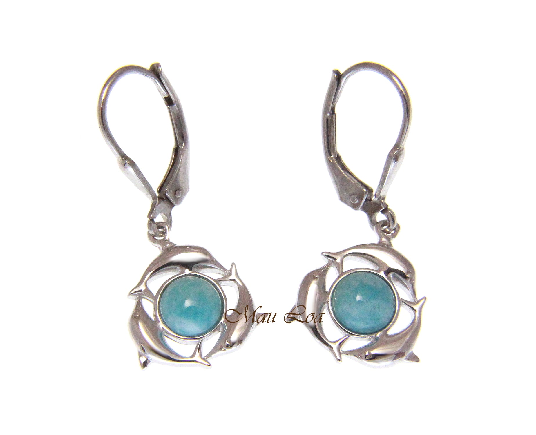 925 Sterling Silver Hawaiian Dolphin Natural Larimar Leverback Earrings