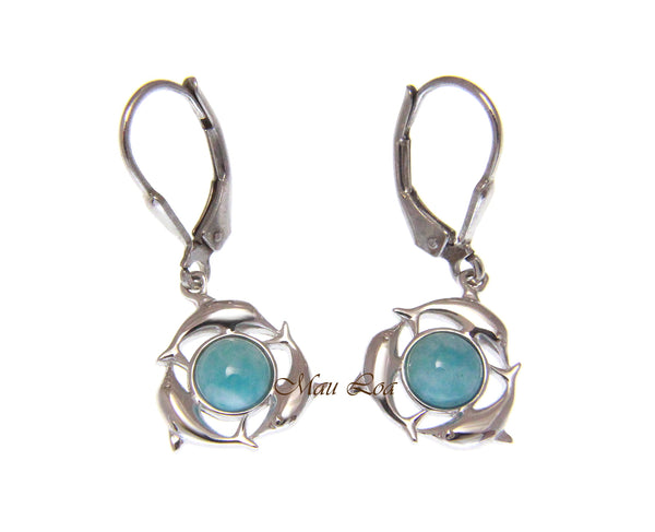 925 Sterling Silver Hawaiian Dolphin Natural Larimar Leverback Earrings