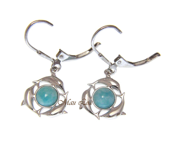 925 Sterling Silver Hawaiian Dolphin Natural Larimar Leverback Earrings