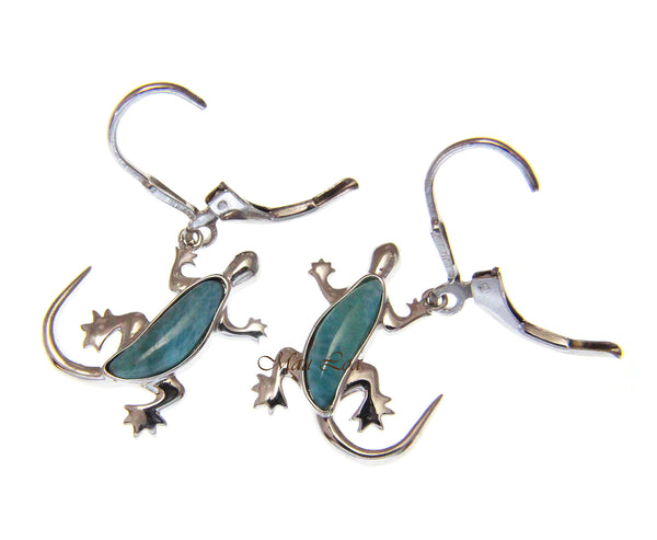 925 Sterling Silver Natural Larimar Hawaiian Gecko Leverback Dangle Earrings