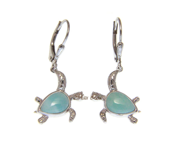 925 Sterling Silver Natural Larimar Hawaiian Honu Turtle Leverback Earrings