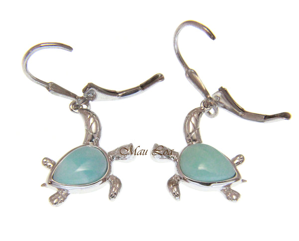 925 Sterling Silver Natural Larimar Hawaiian Honu Turtle Leverback Earrings