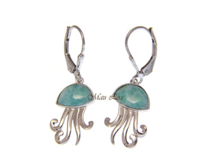 925 Sterling Silver Hawaiian Jellyfish Natural Blue Larimar Leverback Earrings