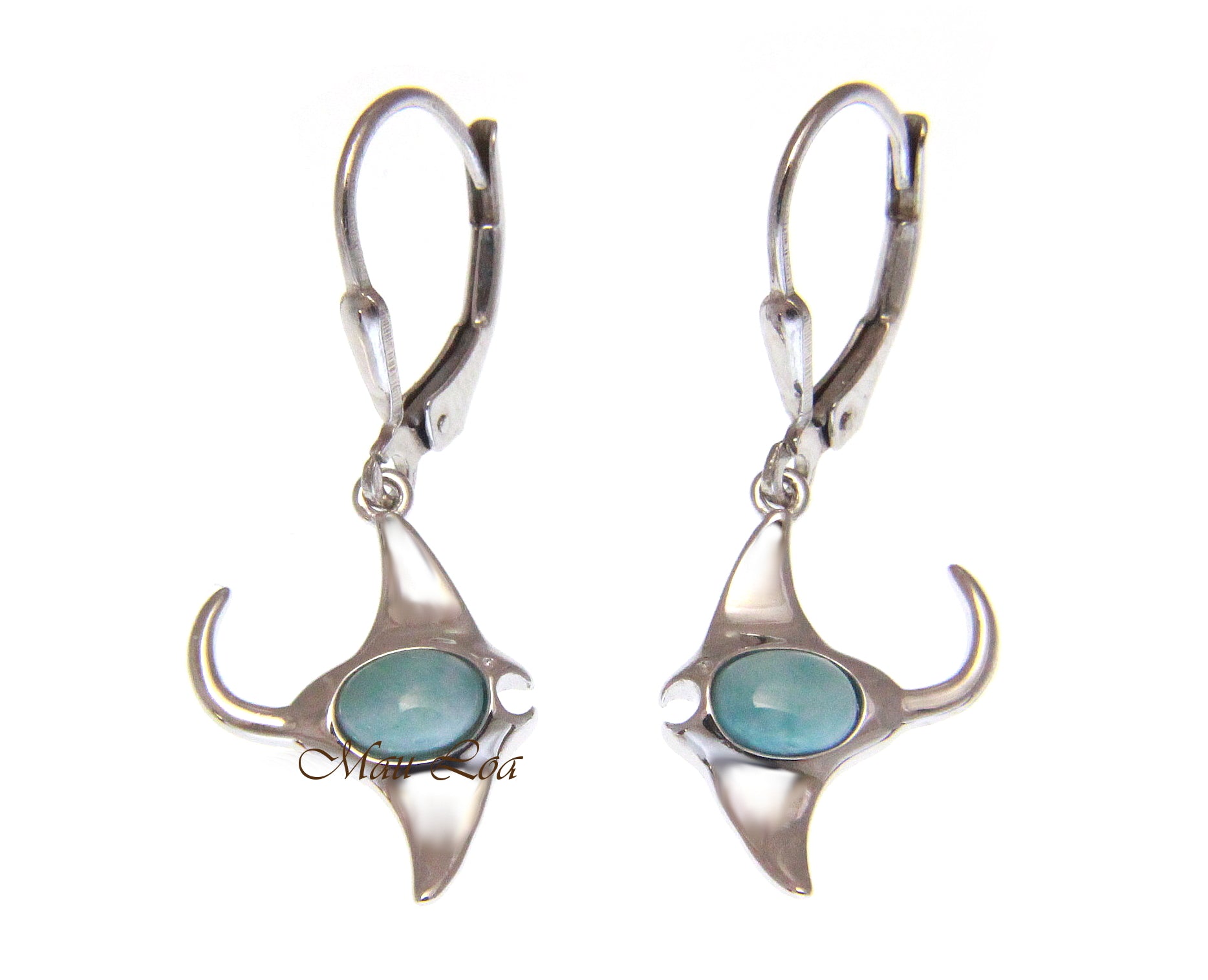 925 Sterling Silver Natural Larimar Hawaiian Manta Ray Fish Leverback Earrings