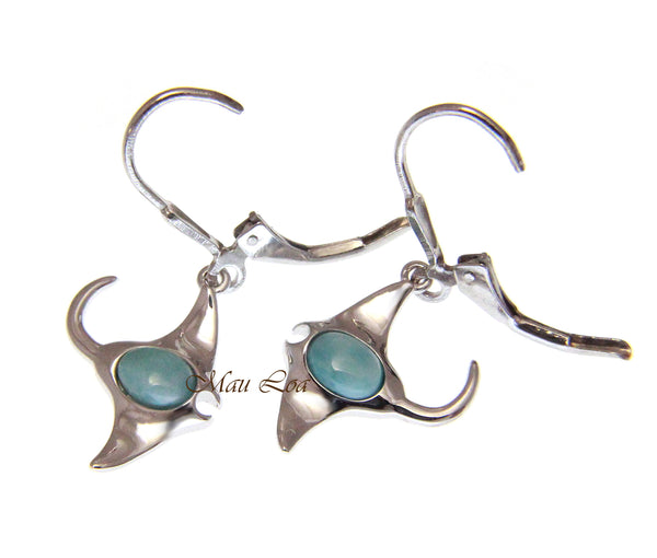 925 Sterling Silver Natural Larimar Hawaiian Manta Ray Fish Leverback Earrings