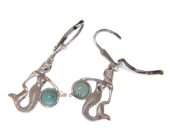 925 Sterling Silver Hawaiian Mermaid Natural Blue Larimar Leverback Earrings