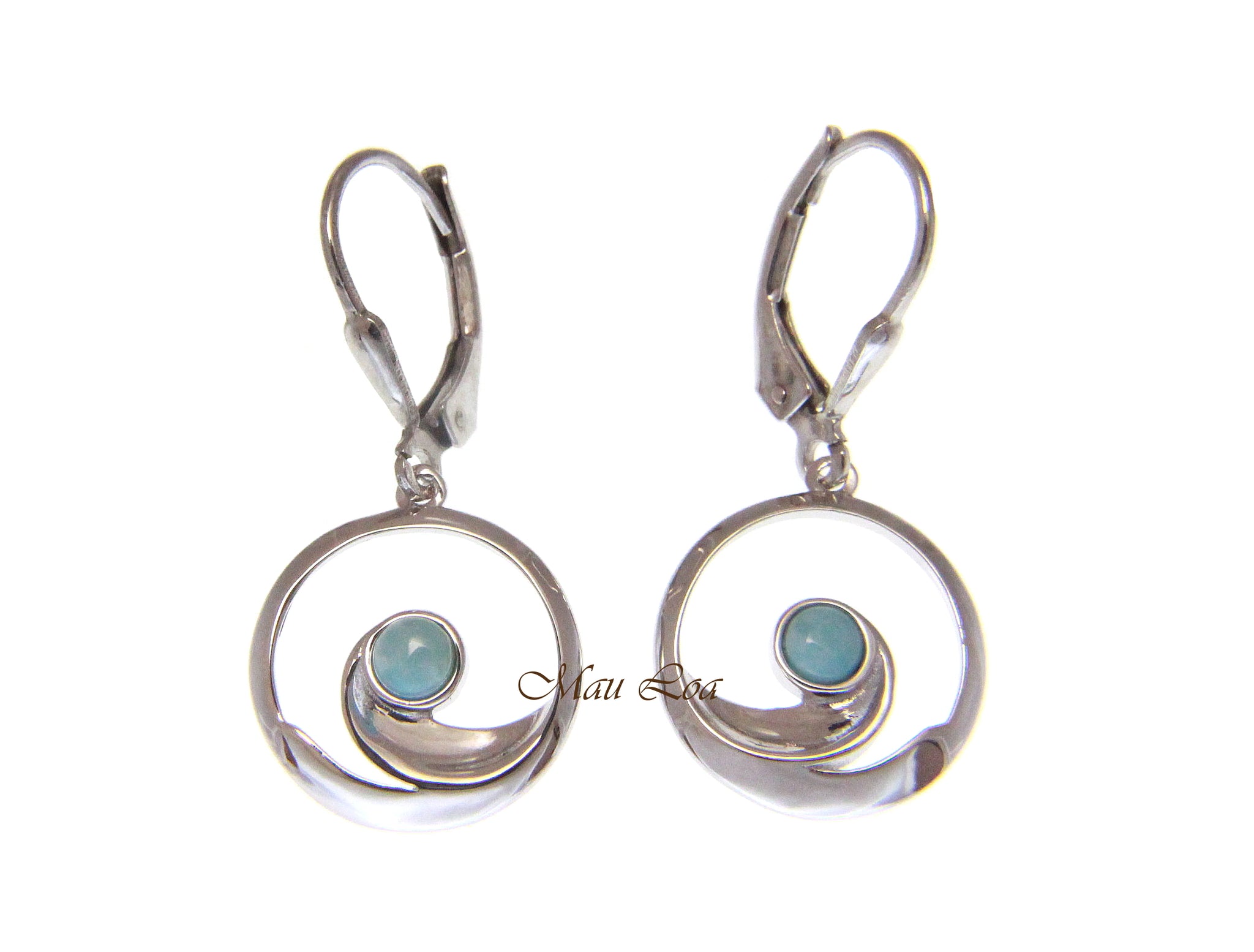 925 Sterling Silver Hawaiian Ocean Wave Natural Blue Larimar Leverback Earrings