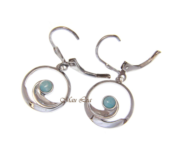 925 Sterling Silver Hawaiian Ocean Wave Natural Blue Larimar Leverback Earrings