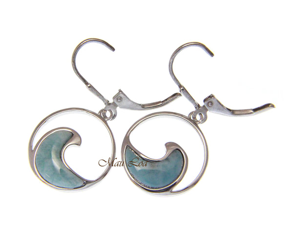 925 Sterling Silver Natural Larimar Hawaiian Ocean Wave Leverback Earrings