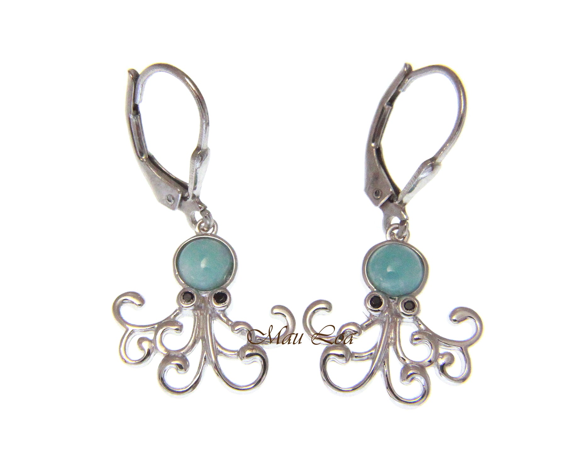 925 Sterling Silver Natural Larimar Hawaiian Octopus CZ Eye Leverback Earrings