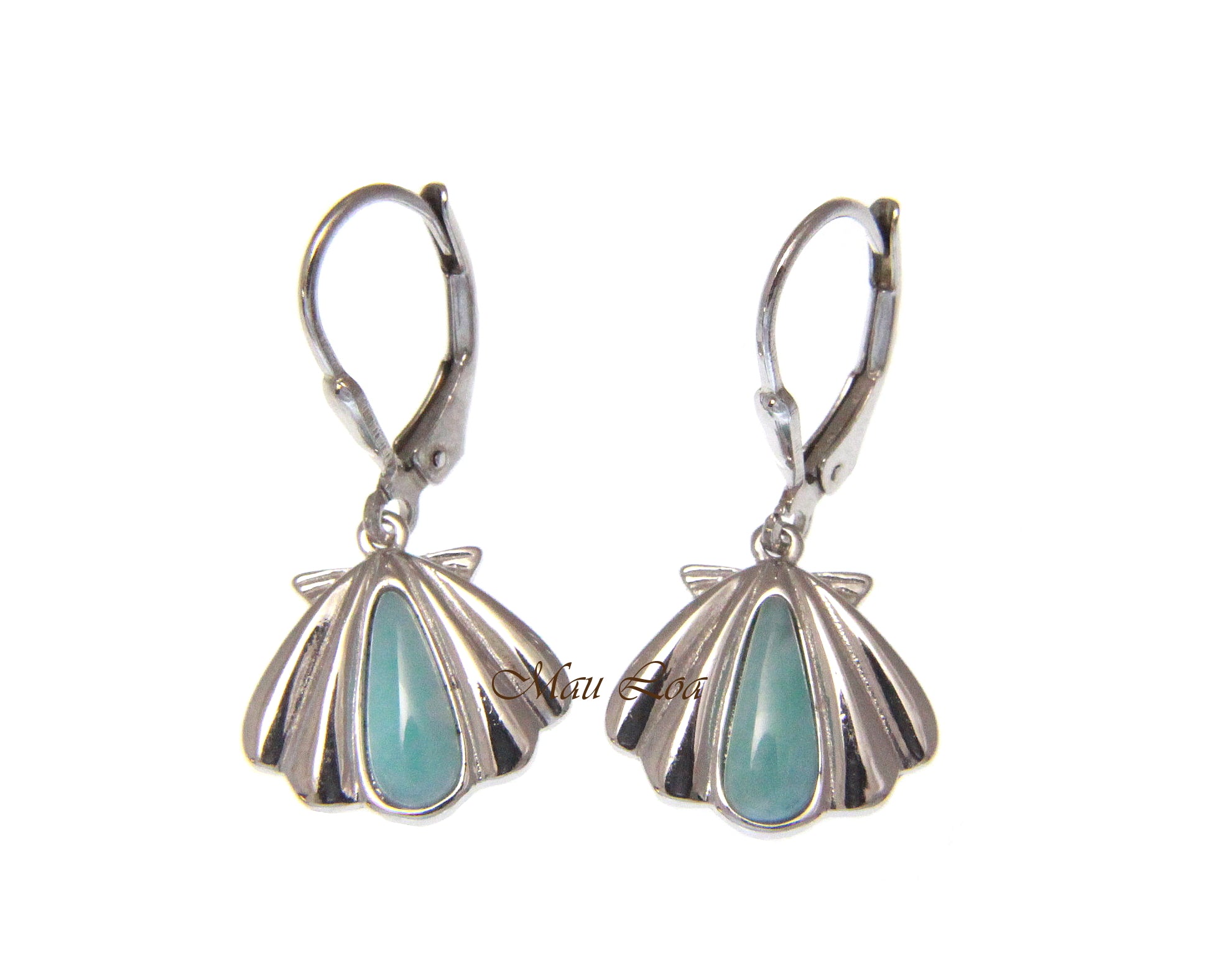 925 Sterling Silver Natural Larimar Hawaiian Sunrise Shell Leverback Earrings