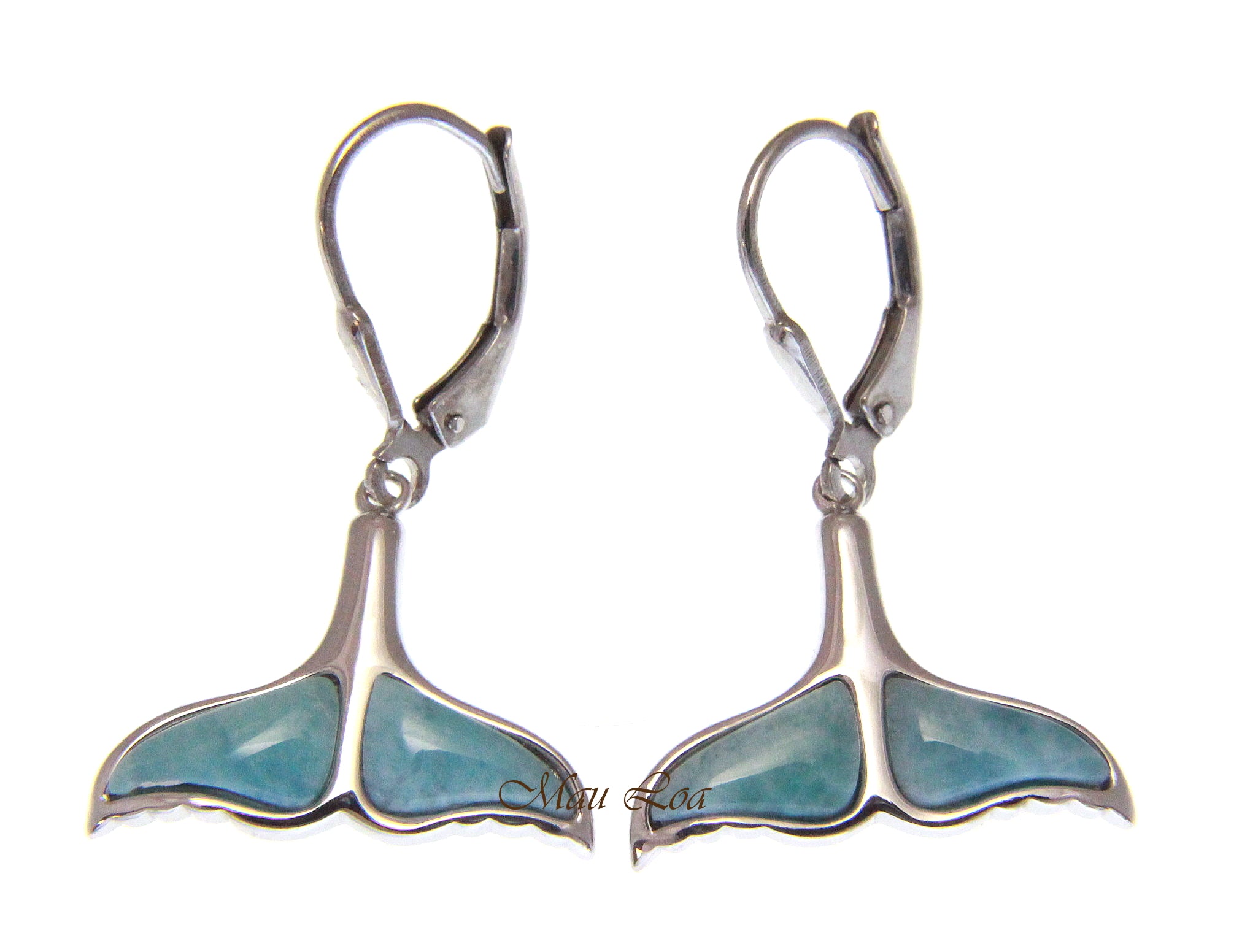 925 Sterling Silver Hawaiian Whale Tail Natural Blue Larimar Leverback Earrings