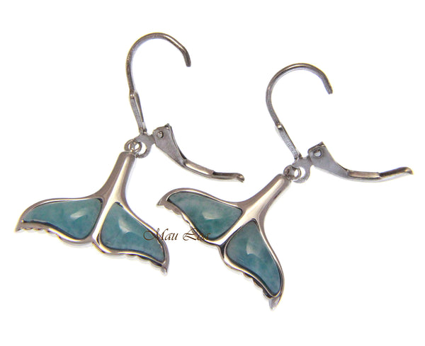 925 Sterling Silver Hawaiian Whale Tail Natural Blue Larimar Leverback Earrings