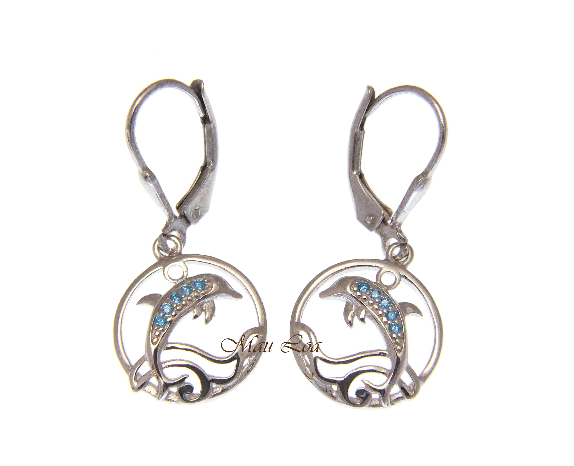 925 Sterling Silver Blue Topaz Hawaiian Dolphin Ocean Wave Leverback Earrings