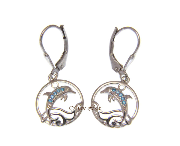 925 Sterling Silver Blue Topaz Hawaiian Dolphin Ocean Wave Leverback Earrings