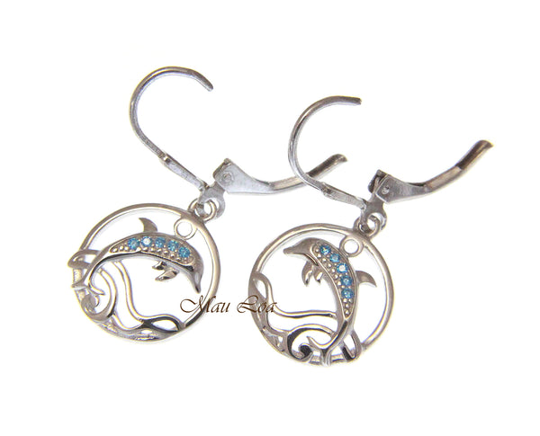 925 Sterling Silver Blue Topaz Hawaiian Dolphin Ocean Wave Leverback Earrings