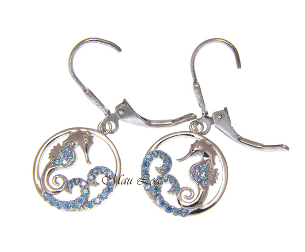 925 Sterling Silver Blue Topaz Hawaiian Seahorse Ocean Wave Wire Hook Earrings