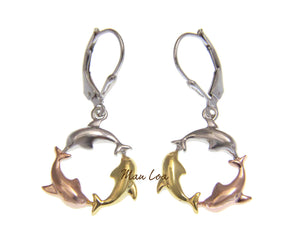 925 Sterling Silver Hawaiian Tricolor Plated Dolphin Leverback Earrings