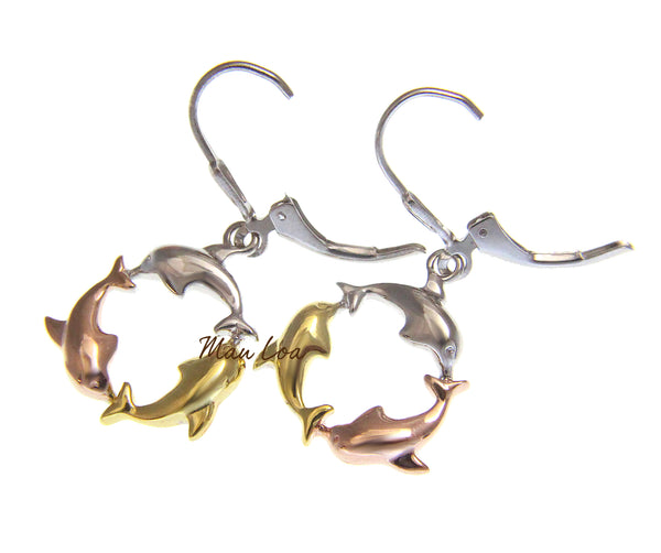 925 Sterling Silver Hawaiian Tricolor Plated Dolphin Leverback Earrings