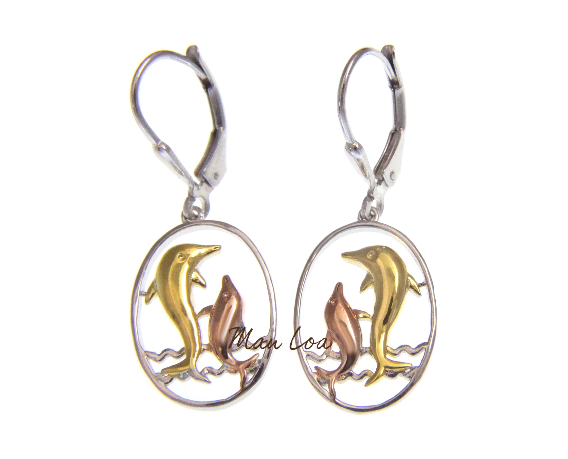 925 Sterling Silver Hawaiian Tricolor Dolphin in Oval Wave Leverback Earrings