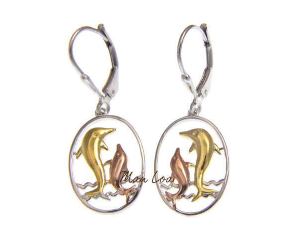 925 Sterling Silver Hawaiian Tricolor Dolphin in Oval Wave Leverback Earrings