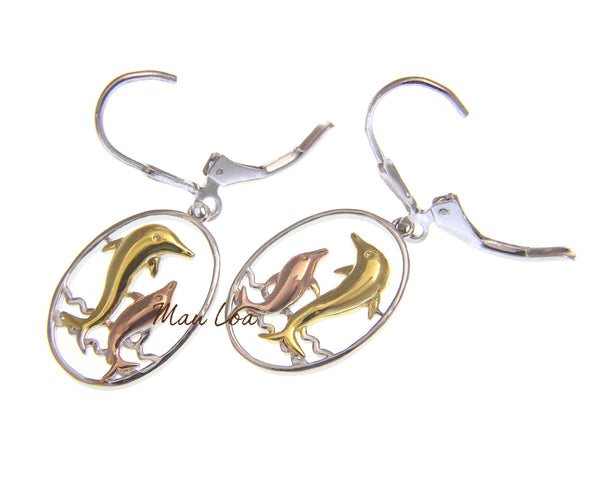 925 Sterling Silver Hawaiian Tricolor Dolphin in Oval Wave Leverback Earrings