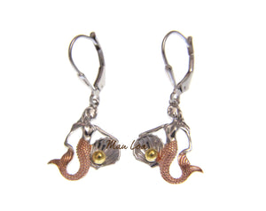 925 Sterling Silver Hawaiian Tricolor Mermaid Pearl in Shell Leverback Earrings
