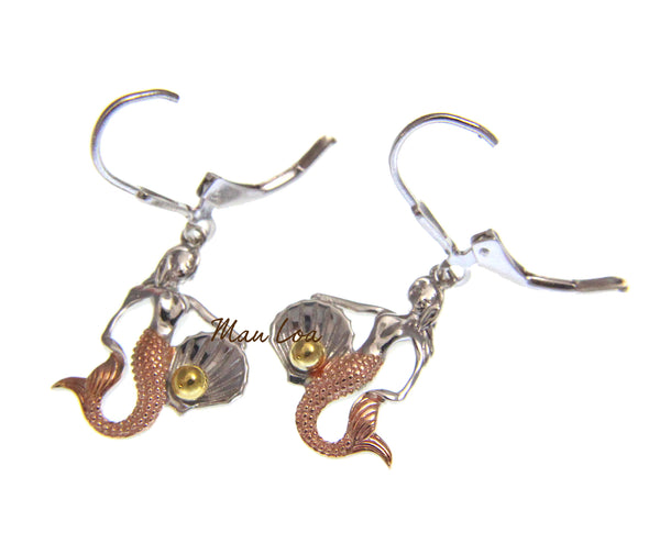 925 Sterling Silver Hawaiian Tricolor Mermaid Pearl in Shell Leverback Earrings