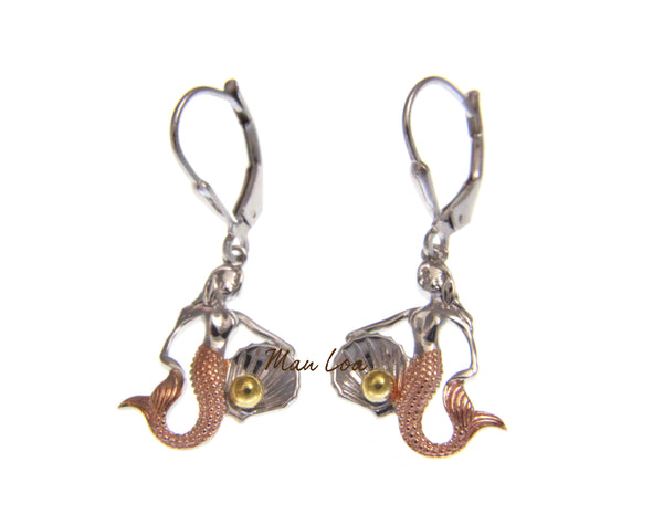 925 Sterling Silver Hawaiian Tricolor Mermaid Pearl in Shell Leverback Earrings