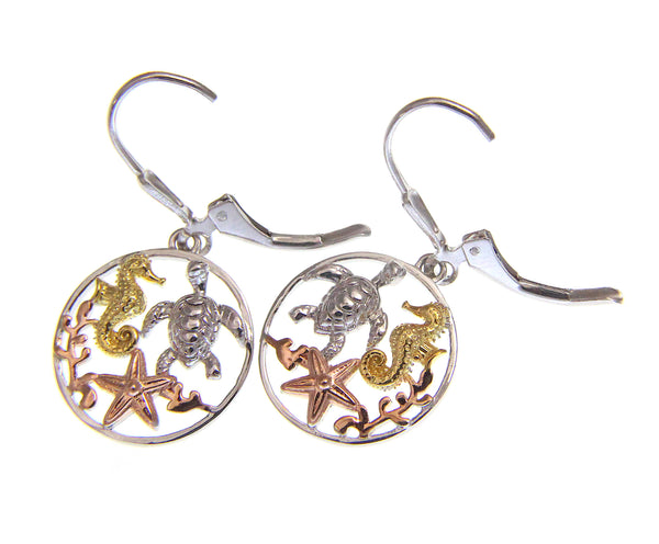 925 Silver Hawaiian Tricolor Turtle Seahorse Starfish Circle Leverback Earrings
