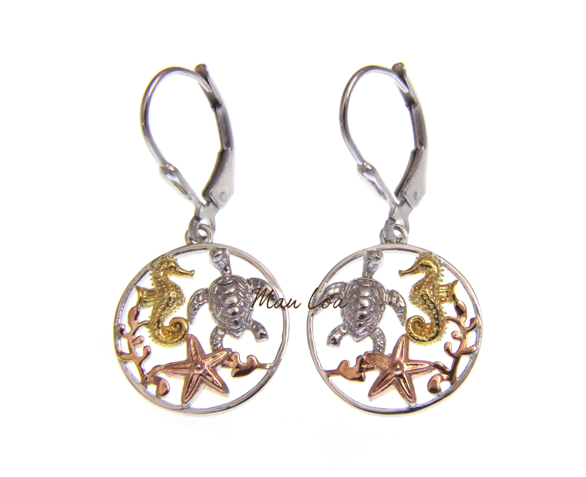 925 Silver Hawaiian Tricolor Turtle Seahorse Starfish Circle Leverback Earrings