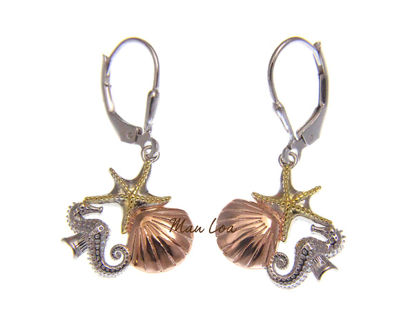 925 Sterling Silver Hawaiian Tricolor Starfish Shell Seahorse Leverback Earrings