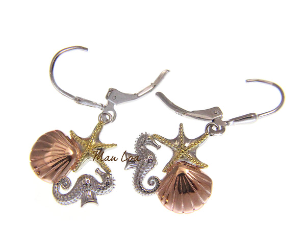 925 Sterling Silver Hawaiian Tricolor Starfish Shell Seahorse Leverback Earrings