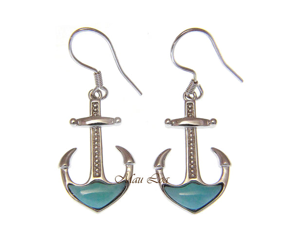 925 Sterling Silver Natural Blue Larimar Hawaiian Anchor Hook Dangle Earrings
