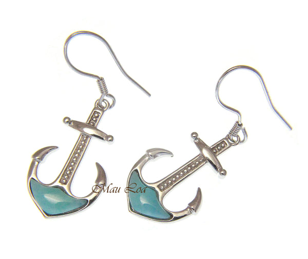 925 Sterling Silver Natural Blue Larimar Hawaiian Anchor Hook Dangle Earrings
