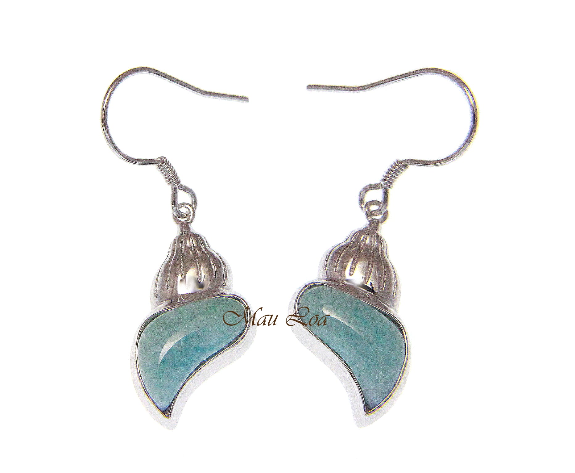 925 Sterling Silver Natural Larimar Hawaiian Conch Shell Hook Dangle Earrings