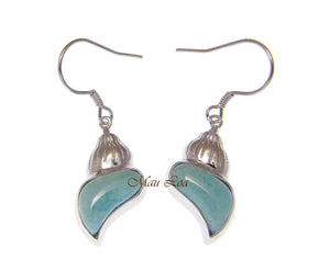 925 Sterling Silver Natural Larimar Hawaiian Conch Shell Hook Dangle Earrings