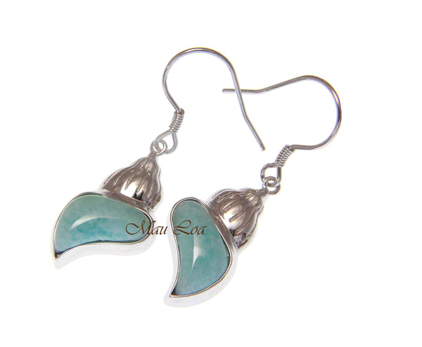 925 Sterling Silver Natural Larimar Hawaiian Conch Shell Hook Dangle Earrings