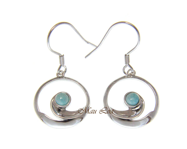 925 Sterling Silver Hawaiian Ocean Wave Natural Larimar Hook Dangle Earrings