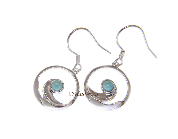 925 Sterling Silver Hawaiian Ocean Wave Natural Larimar Hook Dangle Earrings