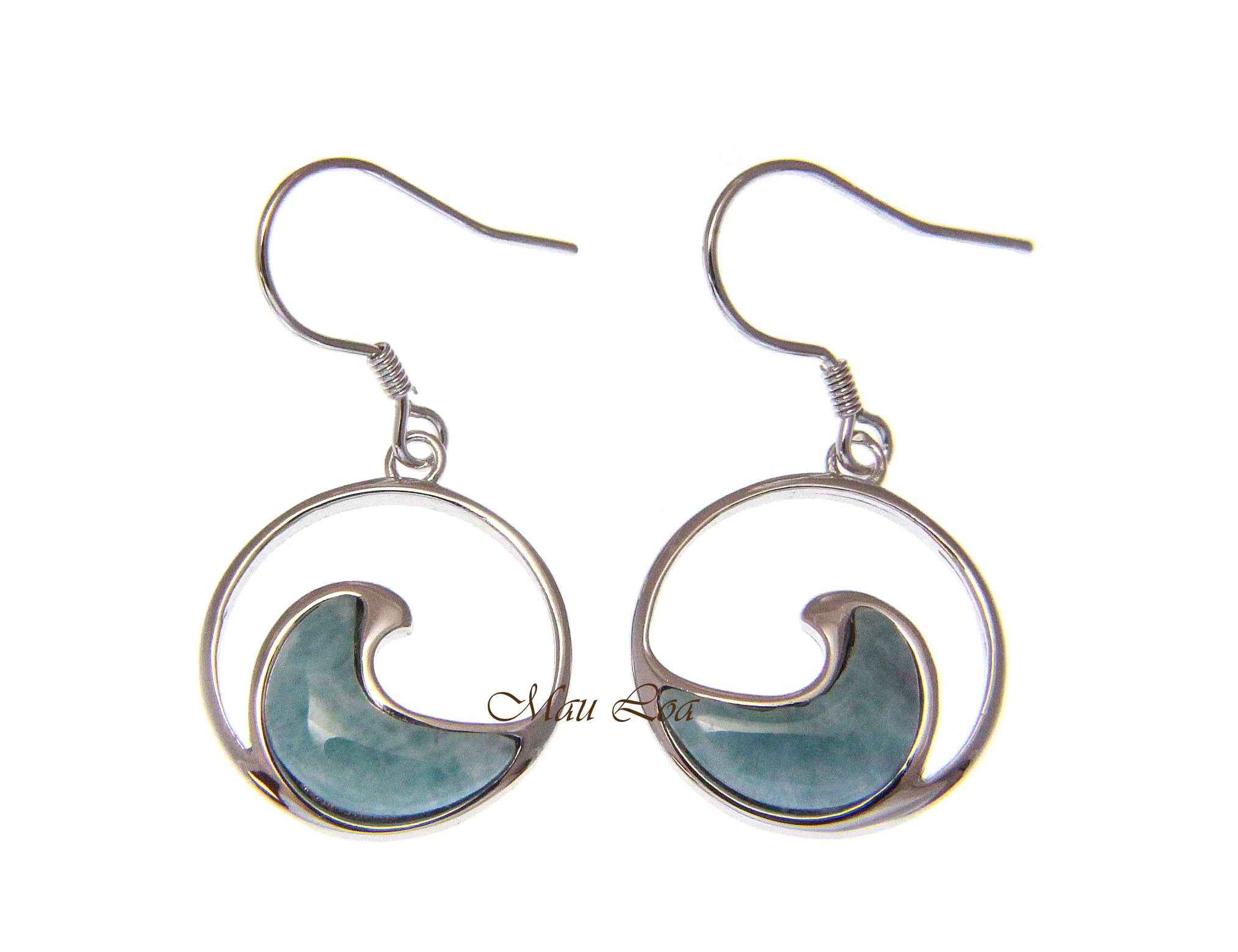 925 Sterling Silver Natural Larimar Hawaiian Ocean Wave Hook Dangle Earrings