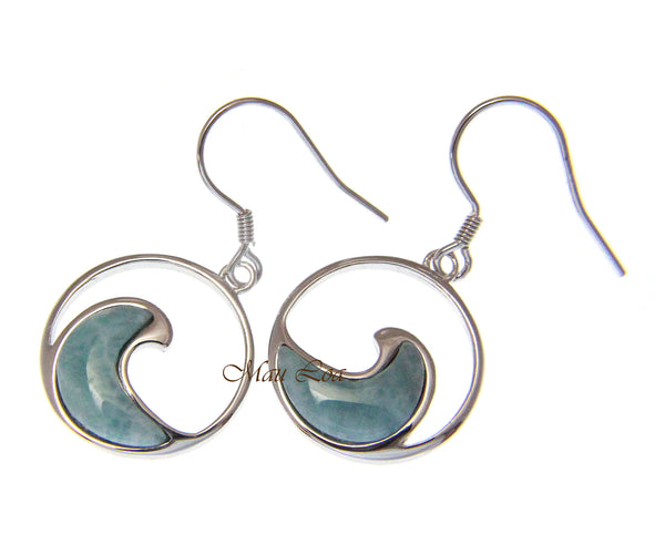 925 Sterling Silver Natural Larimar Hawaiian Ocean Wave Hook Dangle Earrings