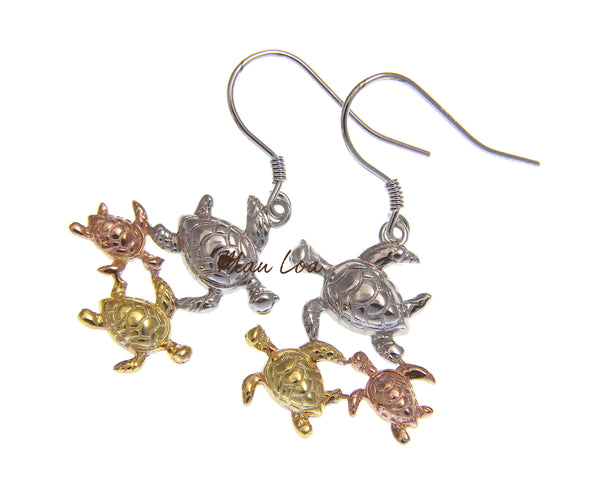 925 Sterling Silver Hawaiian Tricolor Plated Sea Turtle Honu Hook Earrings
