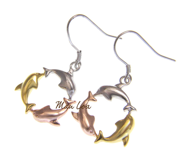 925 Sterling Silver Hawaiian Tricolor Plated Dolphin Circle Hook Earrings