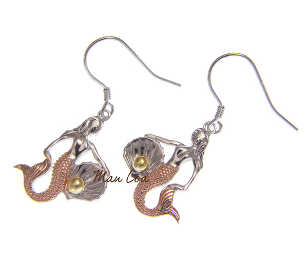 925 Sterling Silver Hawaiian Tricolor Mermaid Pearl in Shell Hook Earrings