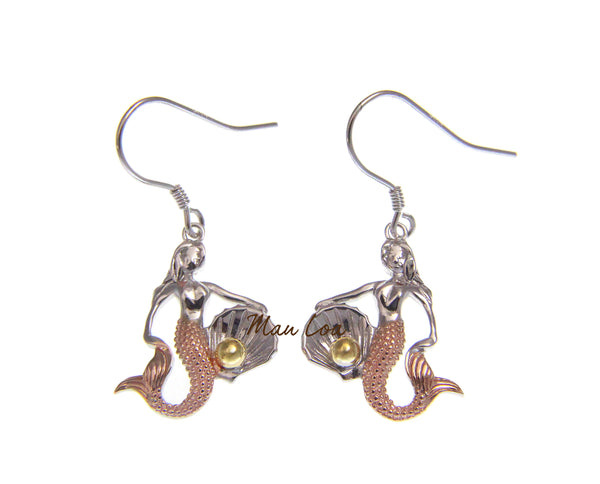 925 Sterling Silver Hawaiian Tricolor Mermaid Pearl in Shell Hook Earrings
